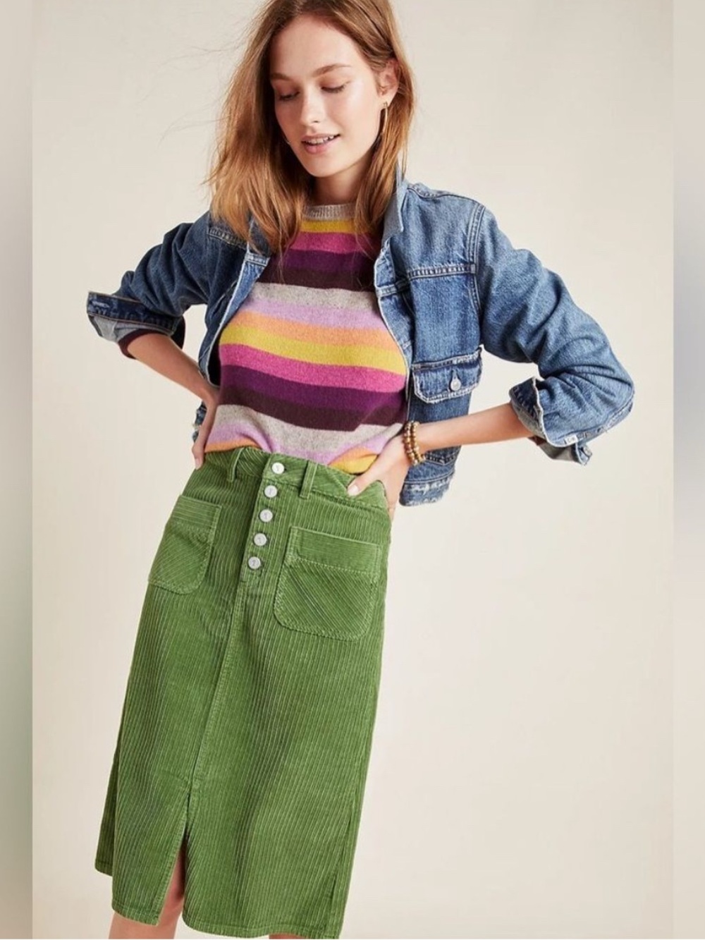 Anthropologie Green Corduroy Button-Front Midi Skirt Pilcro 6P retro autumn